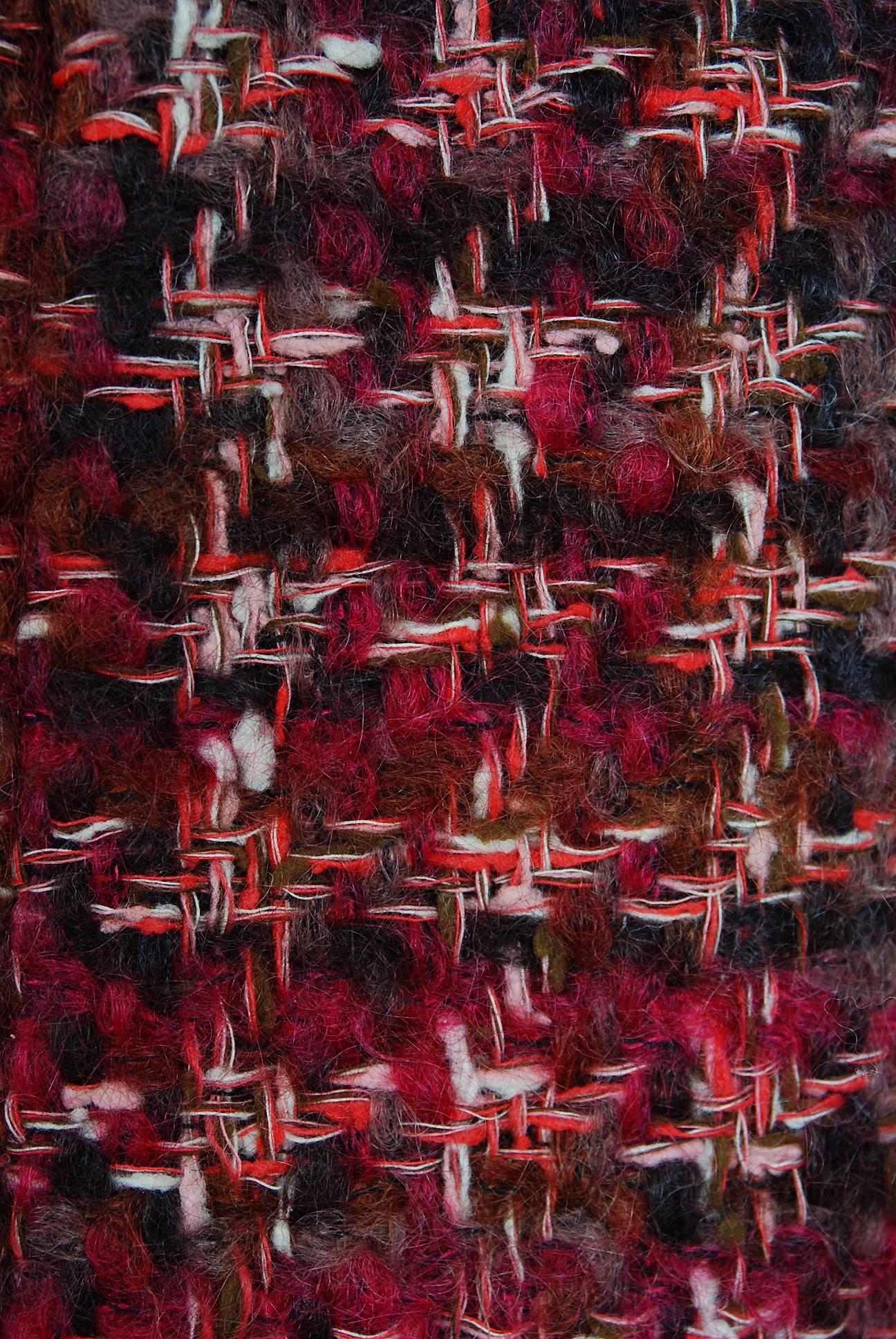 Brown 1964 Christian Dior Burgundy Wool-Tweed & Velvet Mod Dress Suit Scarf Ensemble 