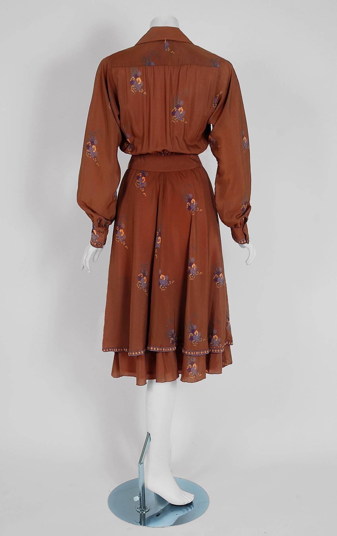 1970's Ted Lapidus Couture Cinnamon Floral Print Lace-Up Billow Sleeve Dress In Good Condition In Beverly Hills, CA