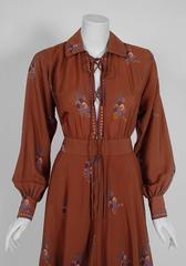 1970's Ted Lapidus Couture Cinnamon Floral Print Lace-Up Billow Sleeve Dress