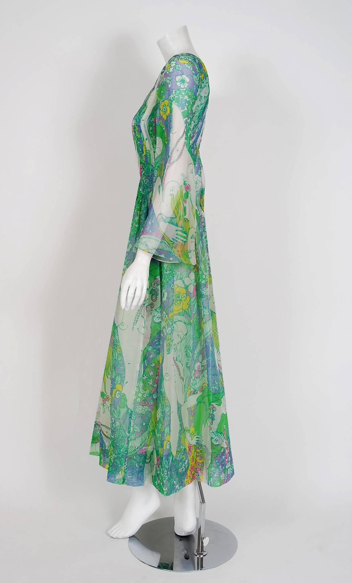 Spectacular Pierre Cardin psychedelic naked-ladies print silk organza dress from his 1969 spring-summer collection. In 1951 Cardin opened his own couture house and by 1957, he started a ready-to-wear line; a bold move for a French couturier at the