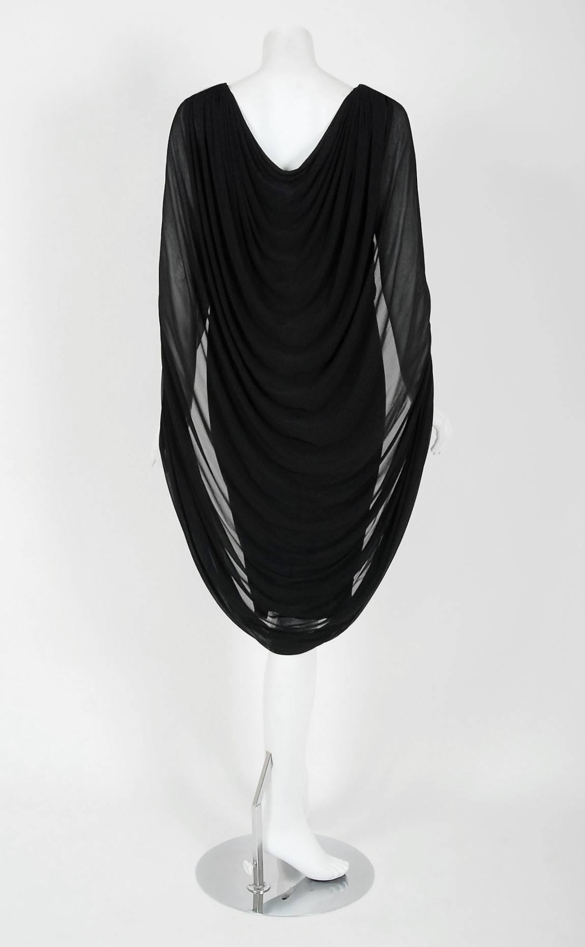 Women's 1975 Halston Black Silk-Chiffon Ruched Low Plunge Draped-Cape Cocktail Dress