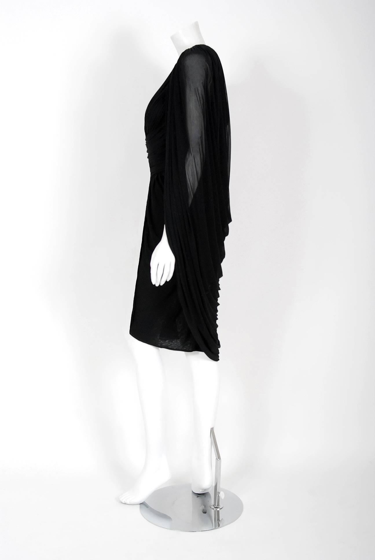 1975 Halston Black Silk-Chiffon Ruched Low Plunge Draped-Cape Cocktail Dress In Excellent Condition In Beverly Hills, CA