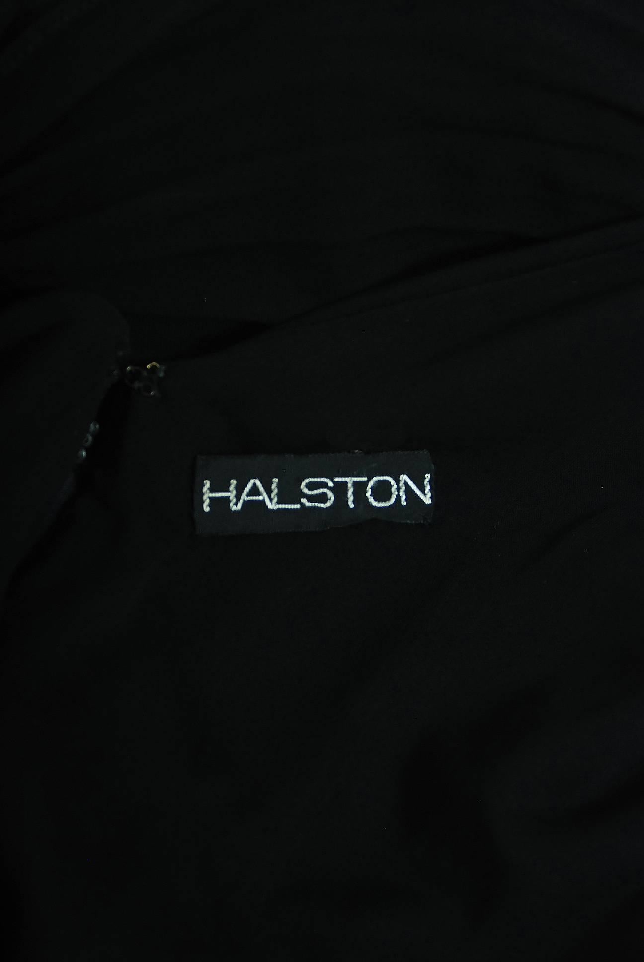1975 Halston Black Silk-Chiffon Ruched Low Plunge Draped-Cape Cocktail Dress 1