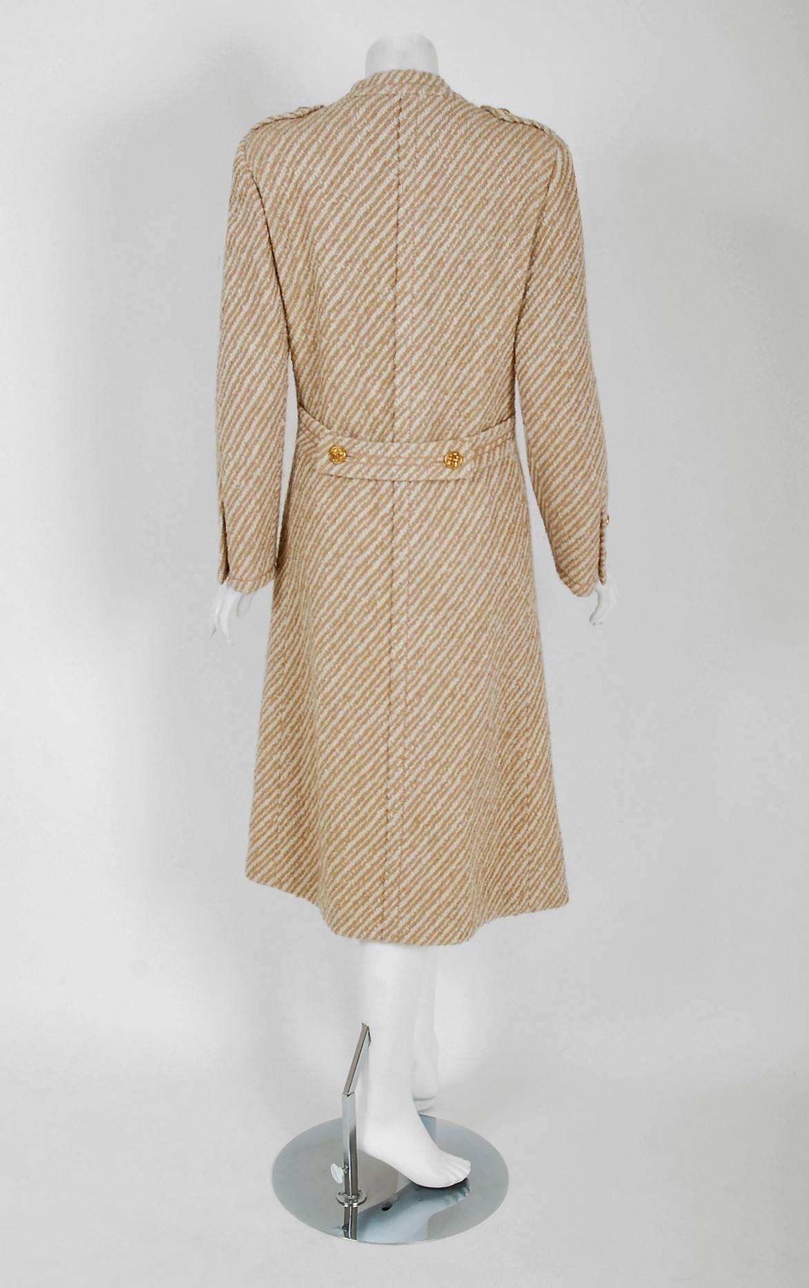 1972 Chanel Haute-Couture Ivory & Beige Striped Wool Mod Military Jacket Coat 1