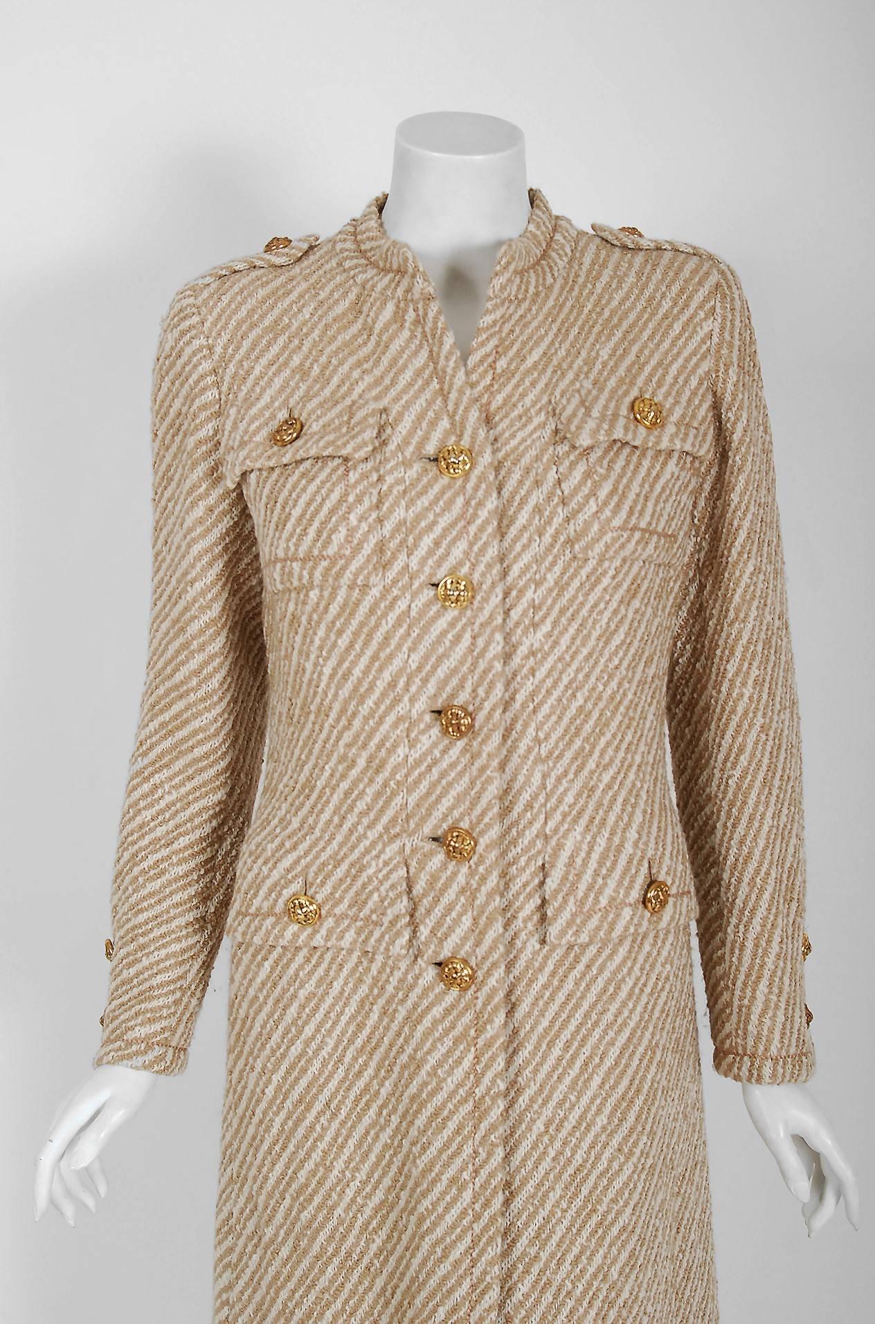 Chanel is known to be one of the most luxurious and decadent fashion houses in the world. This breathtaking ivory and beige striped wool coat from her 1972 Fall/Winter collection is a perfect example of why this couture brand has stood the test of