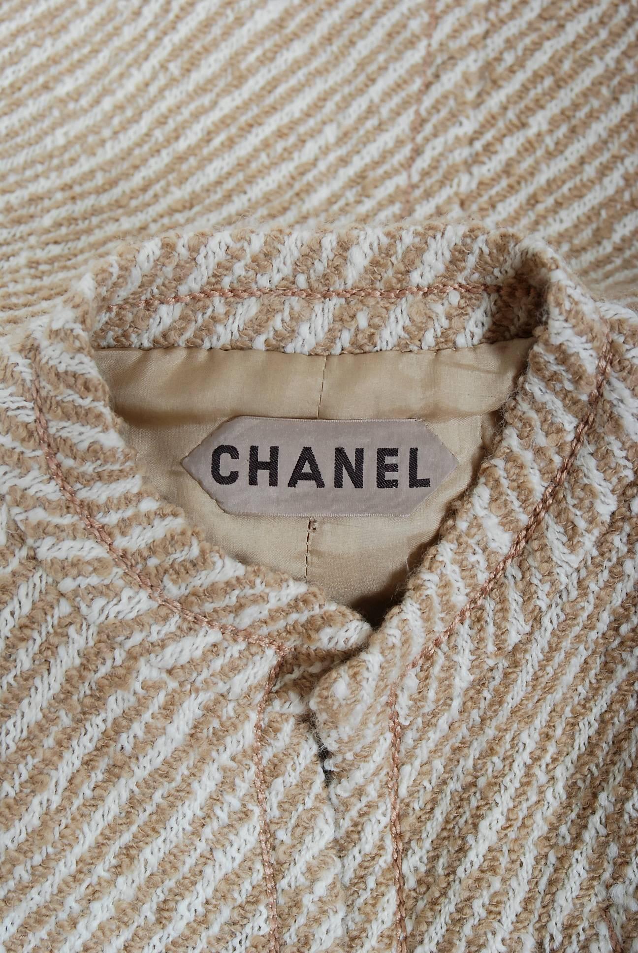 1972 Chanel Haute-Couture Ivory & Beige Striped Wool Mod Military Jacket Coat 2