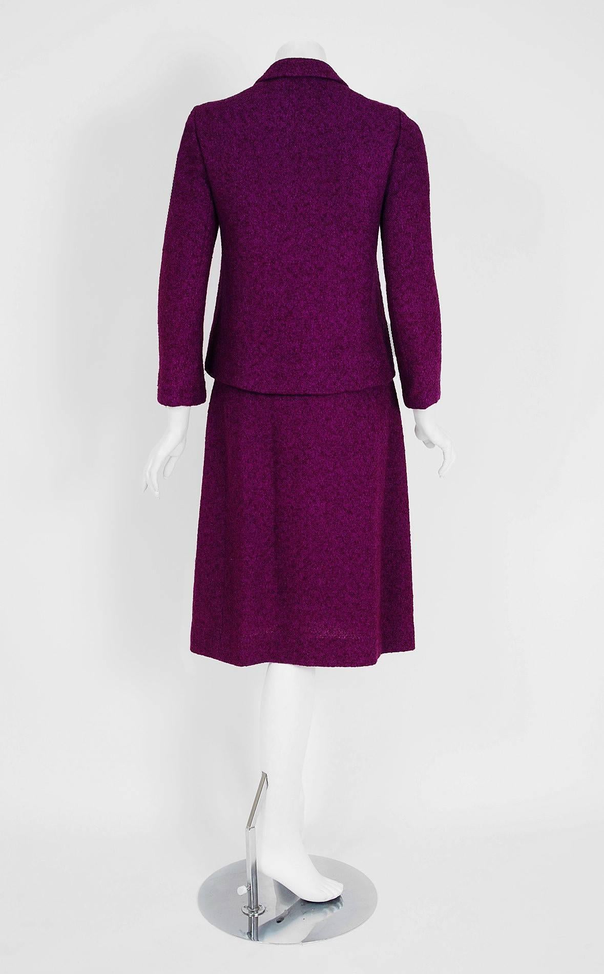 Women's 1967 Balenciaga Haute-Couture Royal Purple Wool Double-Breasted Mod Skirt Suit 