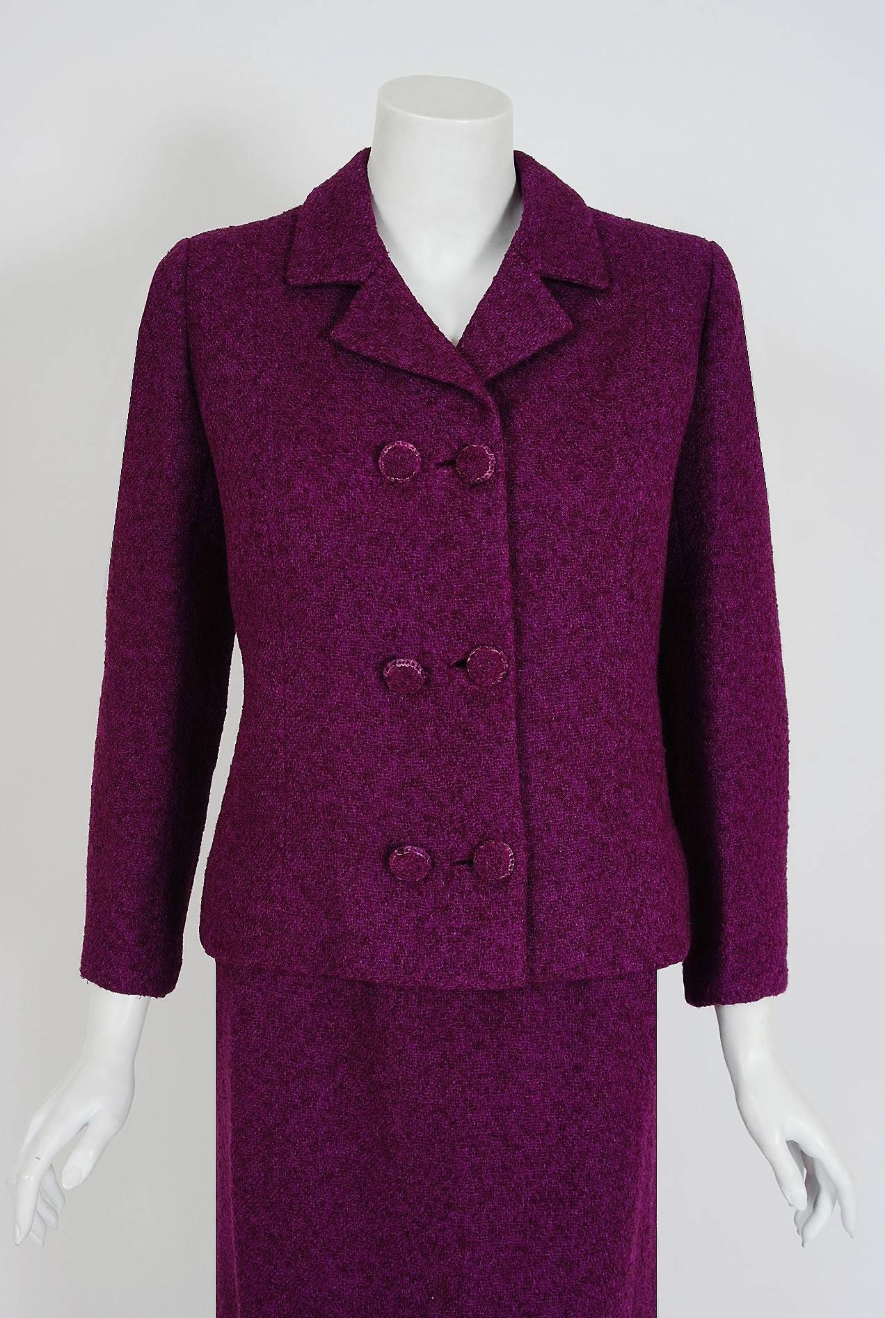 Stunning Balenciaga vibrant royal-purple textured wool skirt suit from his 1967 Fall/Winter collection. Cristobal Balenciaga began his life's work in fashion at a very young age. It is fabled that the Marquesa de Casa Torres, who was so taken with