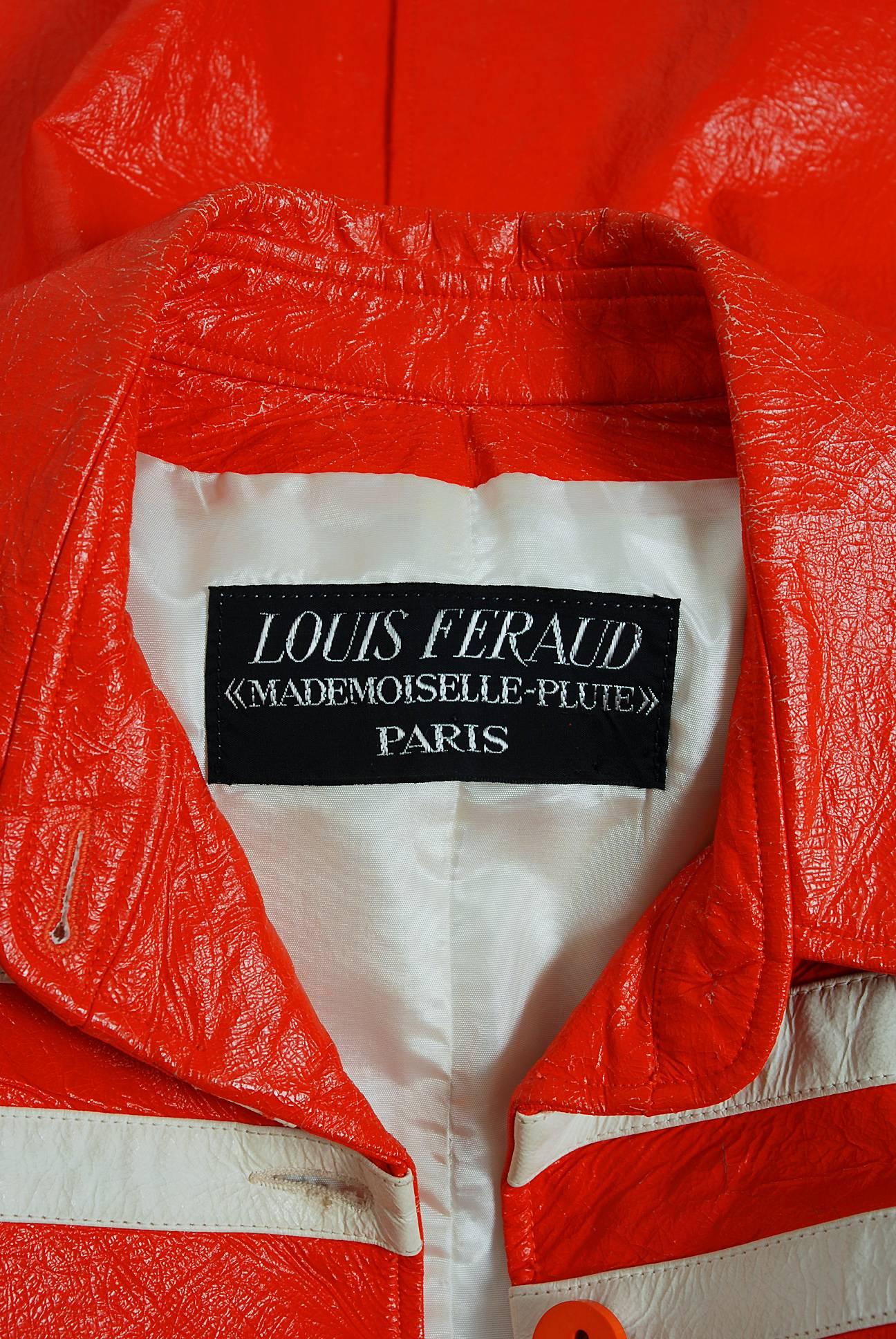 Red Louis Feraud Orange White Striped Vinyl Mod Space Age Trench Coat Jacket, 1968 