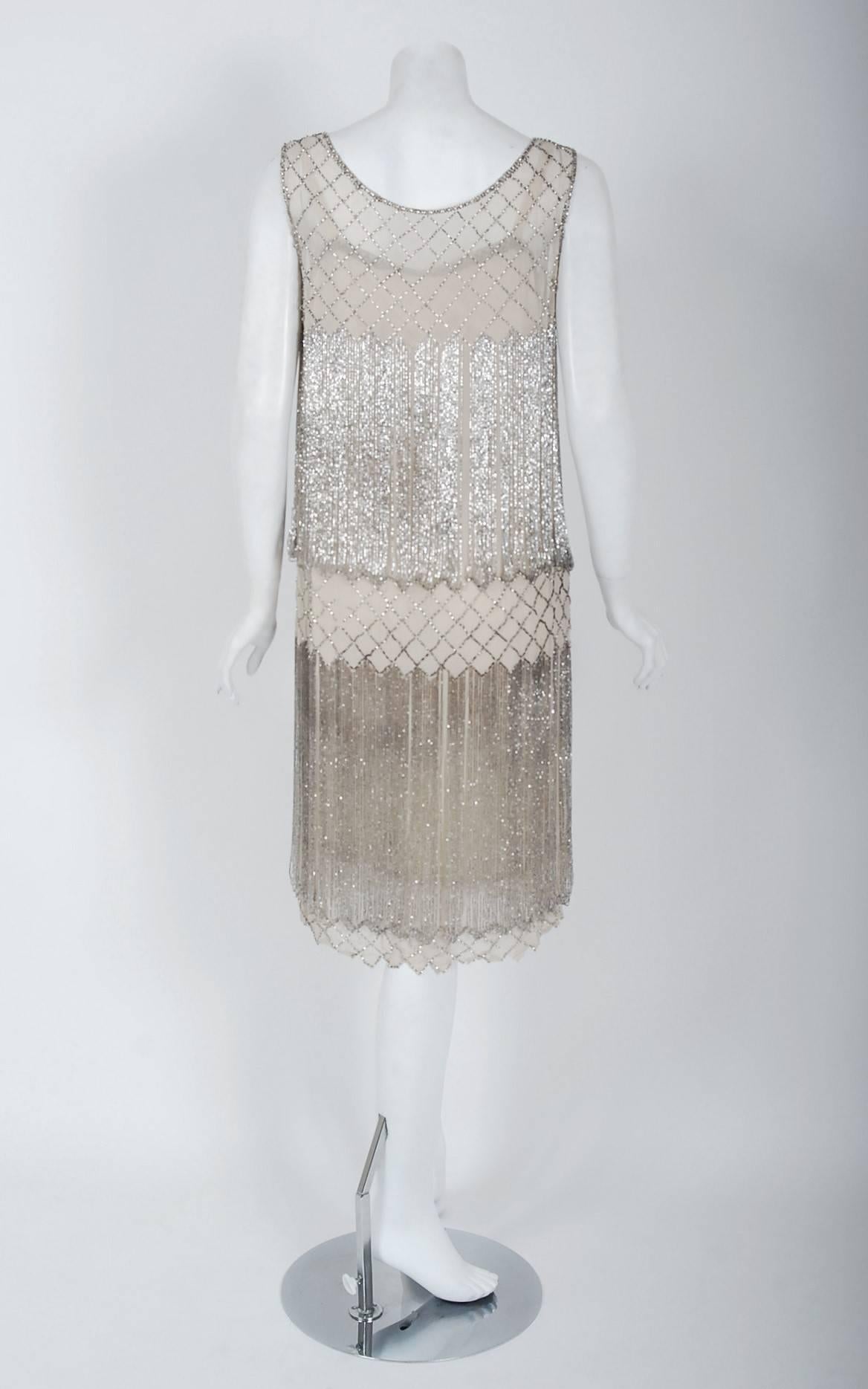 Women's 1920's French Couture Beaded Fringe Ivory Silk Chiffon Cut-Out Flapper Dress 