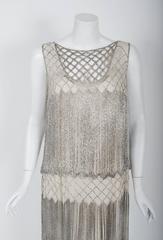 1920's French Couture Beaded Fringe Ivory Silk Chiffon Cut-Out Flapper Dress