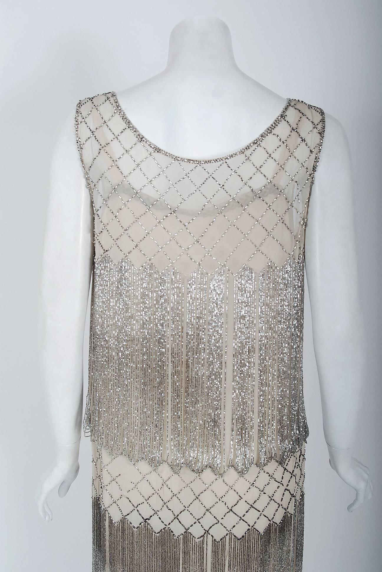 1920's French Couture Beaded Fringe Ivory Silk Chiffon Cut-Out Flapper Dress  1