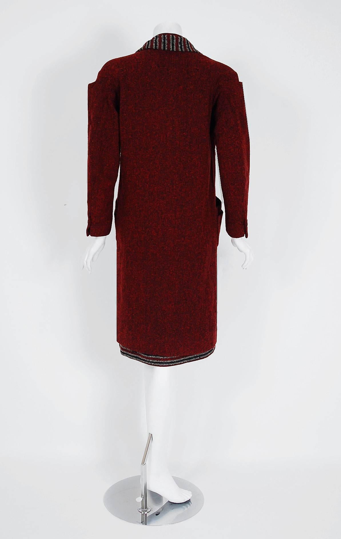 Burgundy-Red Striped Wool Deco Flapper Coat and Matching Skirt Ensemble,  1920s  1