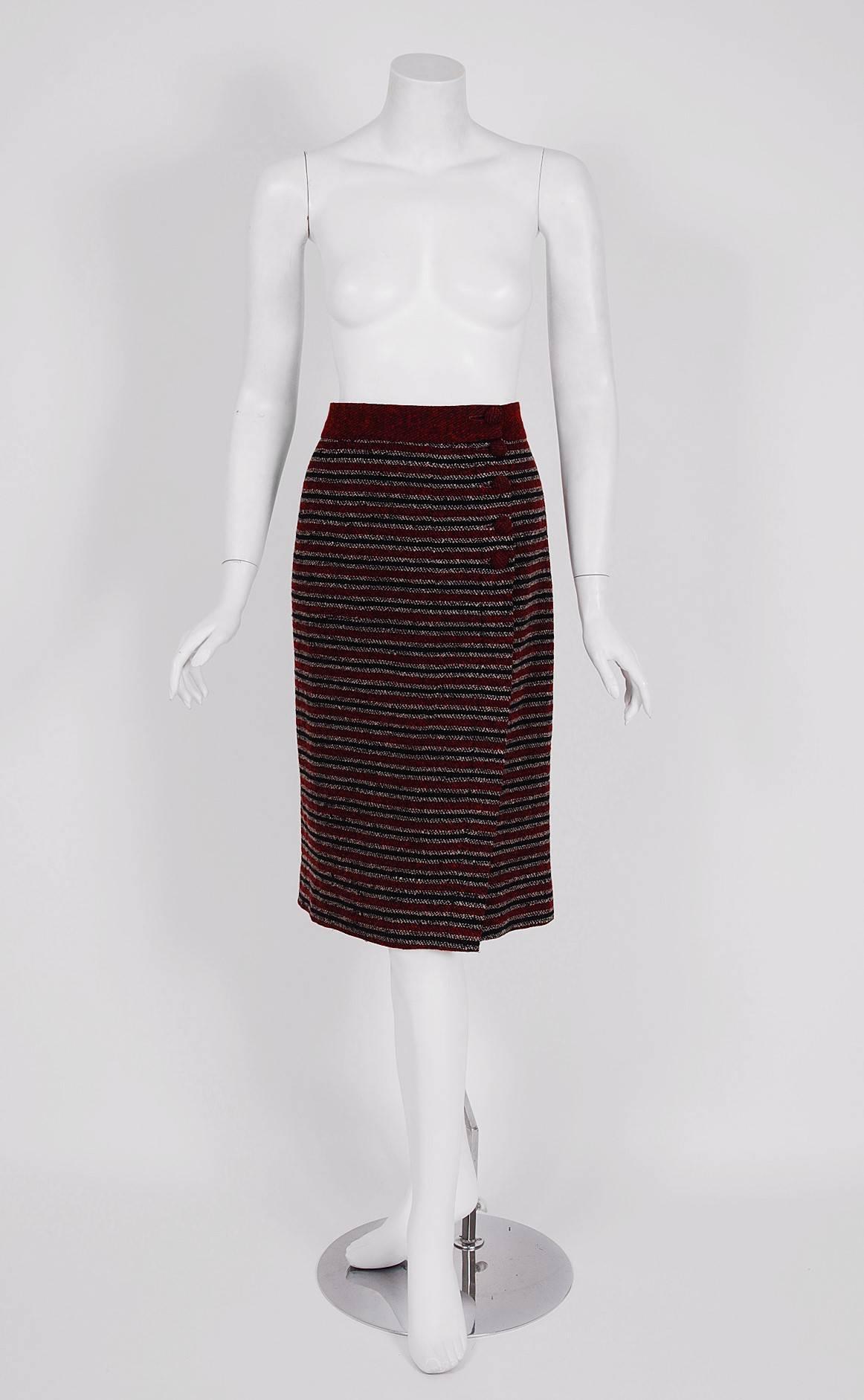 Women's Burgundy-Red Striped Wool Deco Flapper Coat and Matching Skirt Ensemble,  1920s 