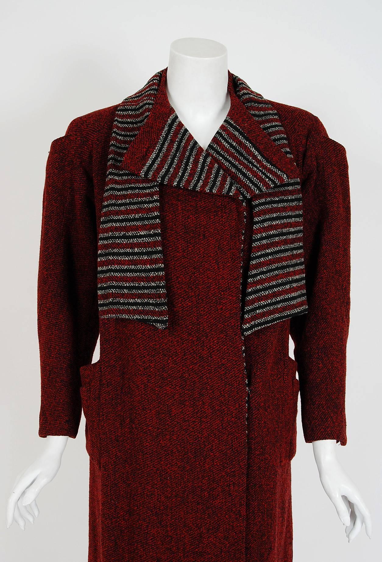 There are lots of lovely 1920's garments still around, but every once in a while I come across one that sets my heart a flutter! This is an extraordinarily beautiful and exceptional 1920's burgundy-red wool coat with matching skirt from Jays Boston.