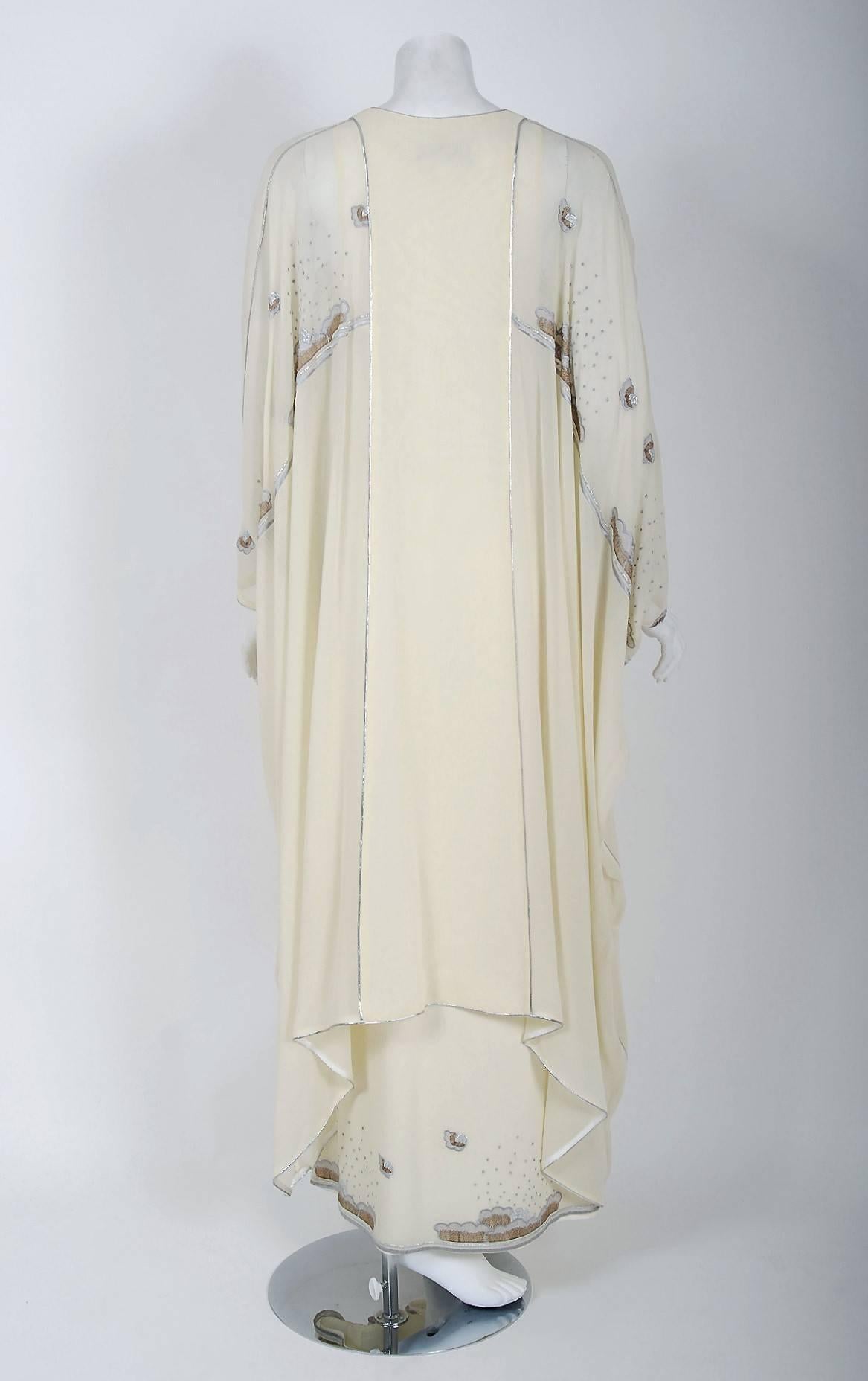 1972 Janice Wainwright Ivory Chiffon Novelty Sun & Rain Embroidery Caftan Dress 1