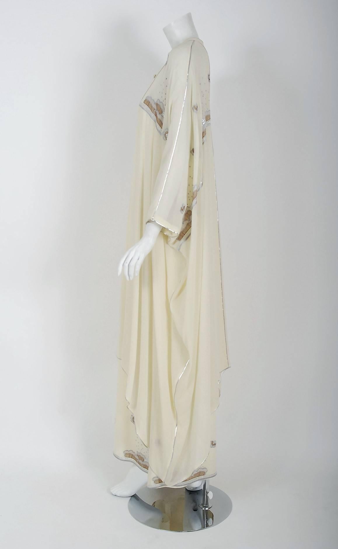 Women's 1972 Janice Wainwright Ivory Chiffon Novelty Sun & Rain Embroidery Caftan Dress