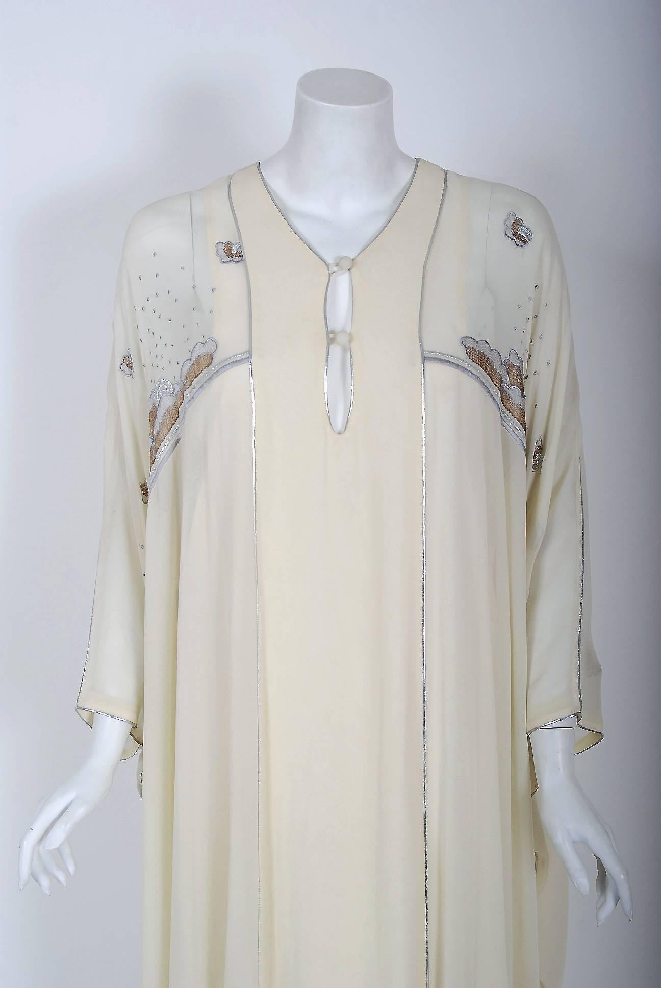 Beige 1972 Janice Wainwright Ivory Chiffon Novelty Sun & Rain Embroidery Caftan Dress