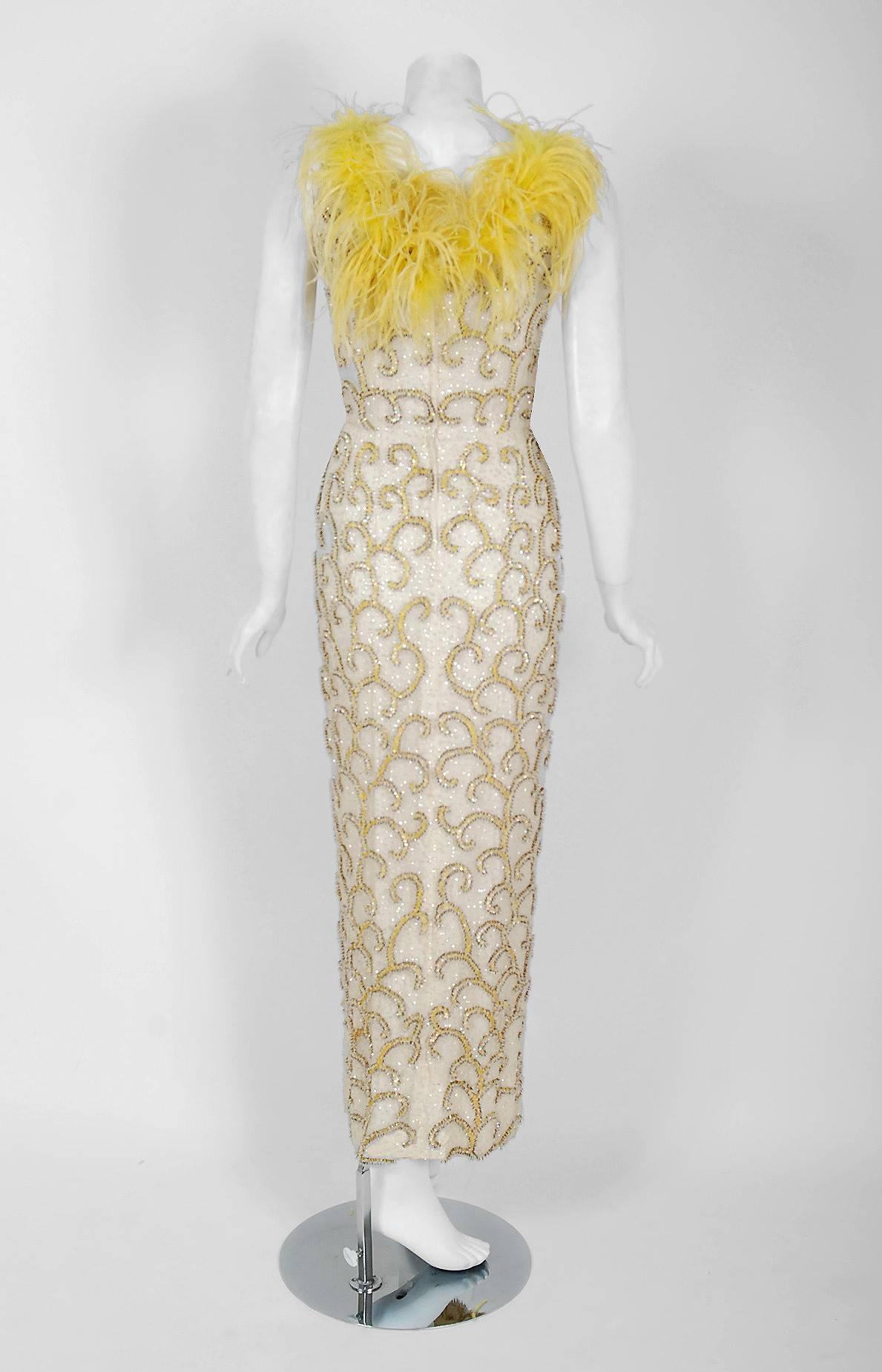 Women's 1960's Ivory & Yellow Beaded Sequin Silk Ostrich-Feather Collar Hourglass Gown 
