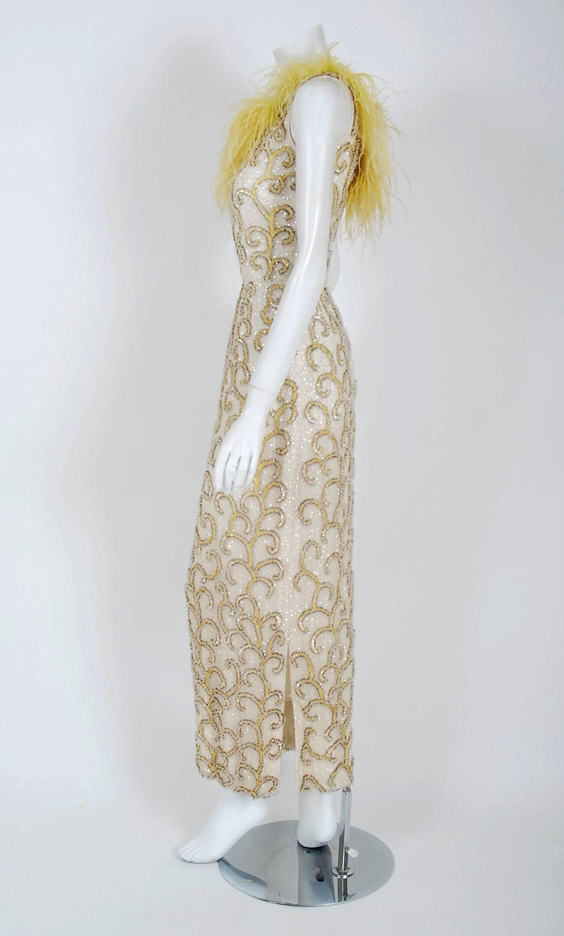 1960's Ivory & Yellow Beaded Sequin Silk Ostrich-Feather Collar Hourglass Gown  In Excellent Condition In Beverly Hills, CA