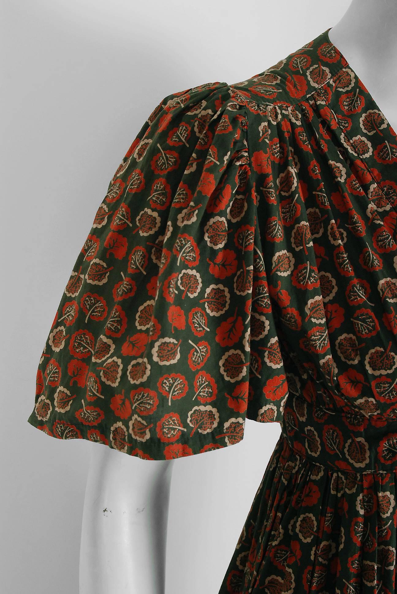 Brown 1975 Ossie Clark Novelty Autumn-Leaves Print Cotton Empire Flutter-Sleeve Dress