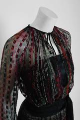 1970's Pauline Trigere Colorful Abstract Deco Print Silk Belted Semi-Sheer Dress