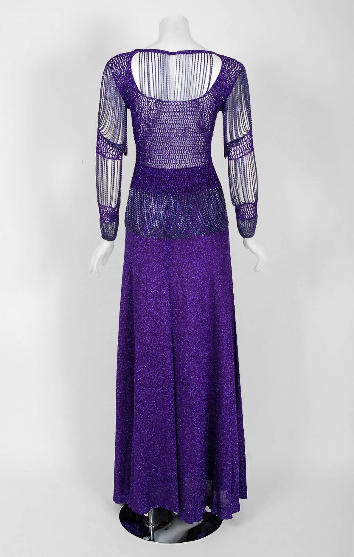 1977 Loris Azzaro Couture Purple Lurex & Chain-Fringe Evening Gown Ensemble  2