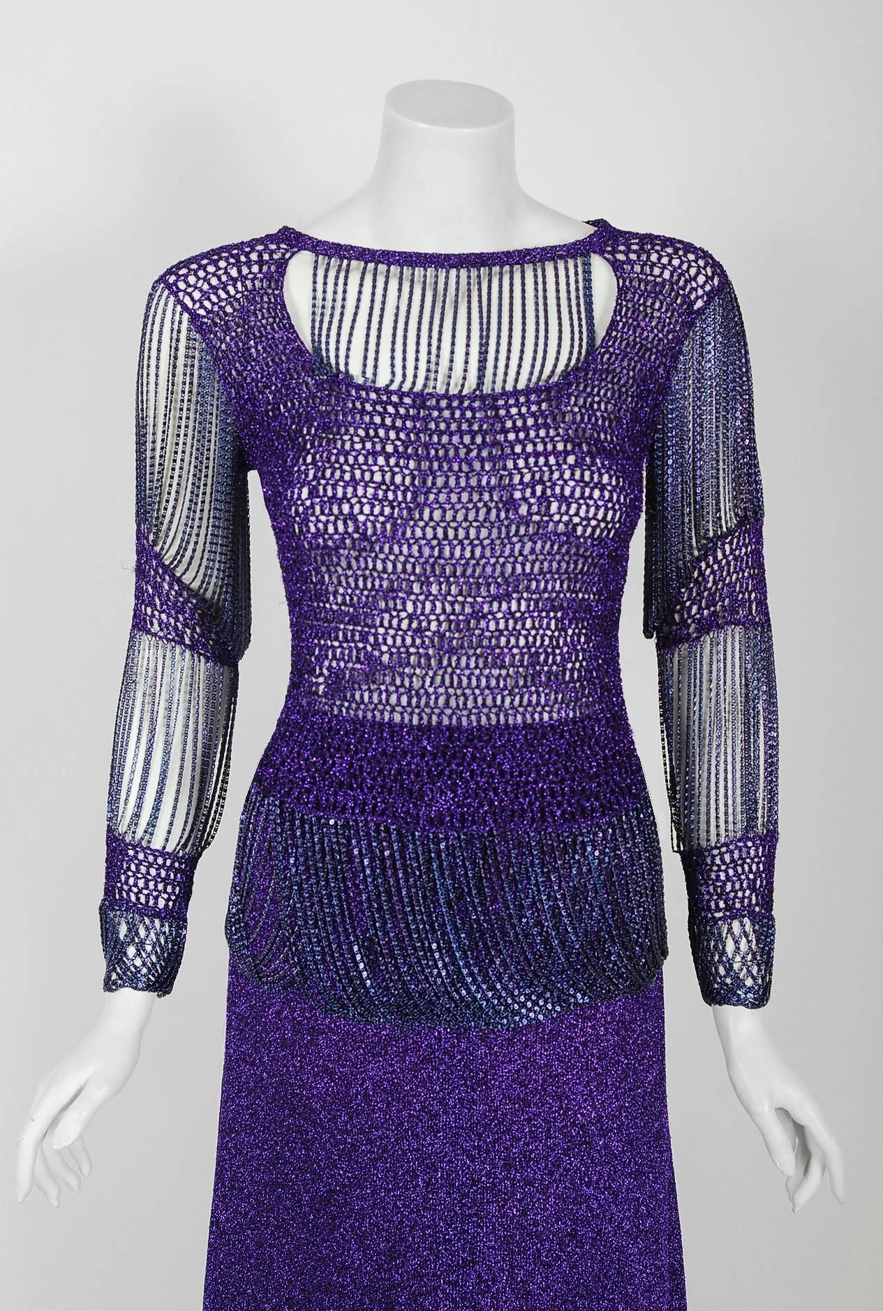 1977 Loris Azzaro Couture Purple Lurex & Chain-Fringe Evening Gown Ensemble  In Excellent Condition In Beverly Hills, CA