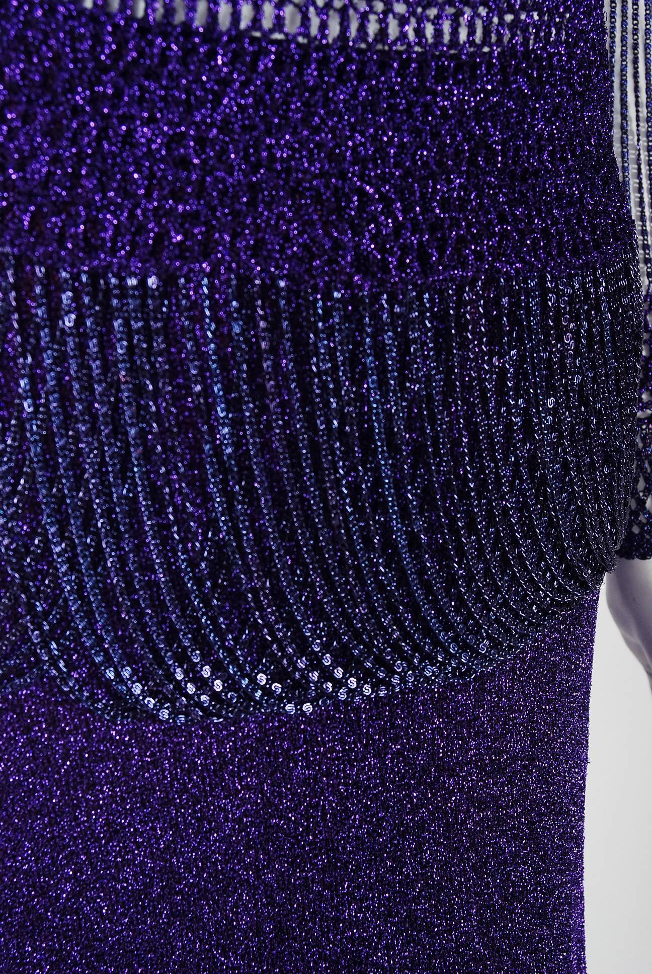 Women's 1977 Loris Azzaro Couture Purple Lurex & Chain-Fringe Evening Gown Ensemble 