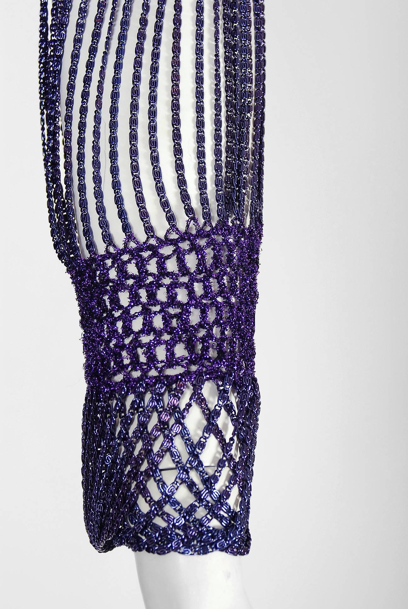 1977 Loris Azzaro Couture Purple Lurex & Chain-Fringe Evening Gown Ensemble  1