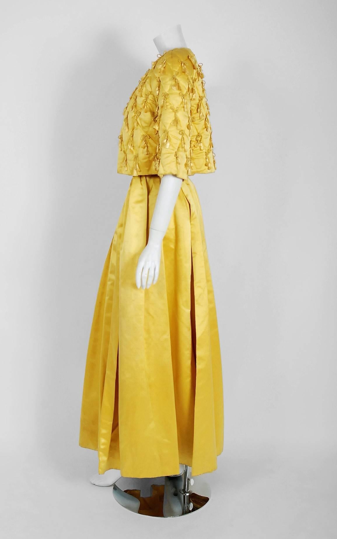 1965 Oscar de la Renta for Jane Derby Yellow Silk Gown & Quilted Tassel Jacket  In Good Condition In Beverly Hills, CA