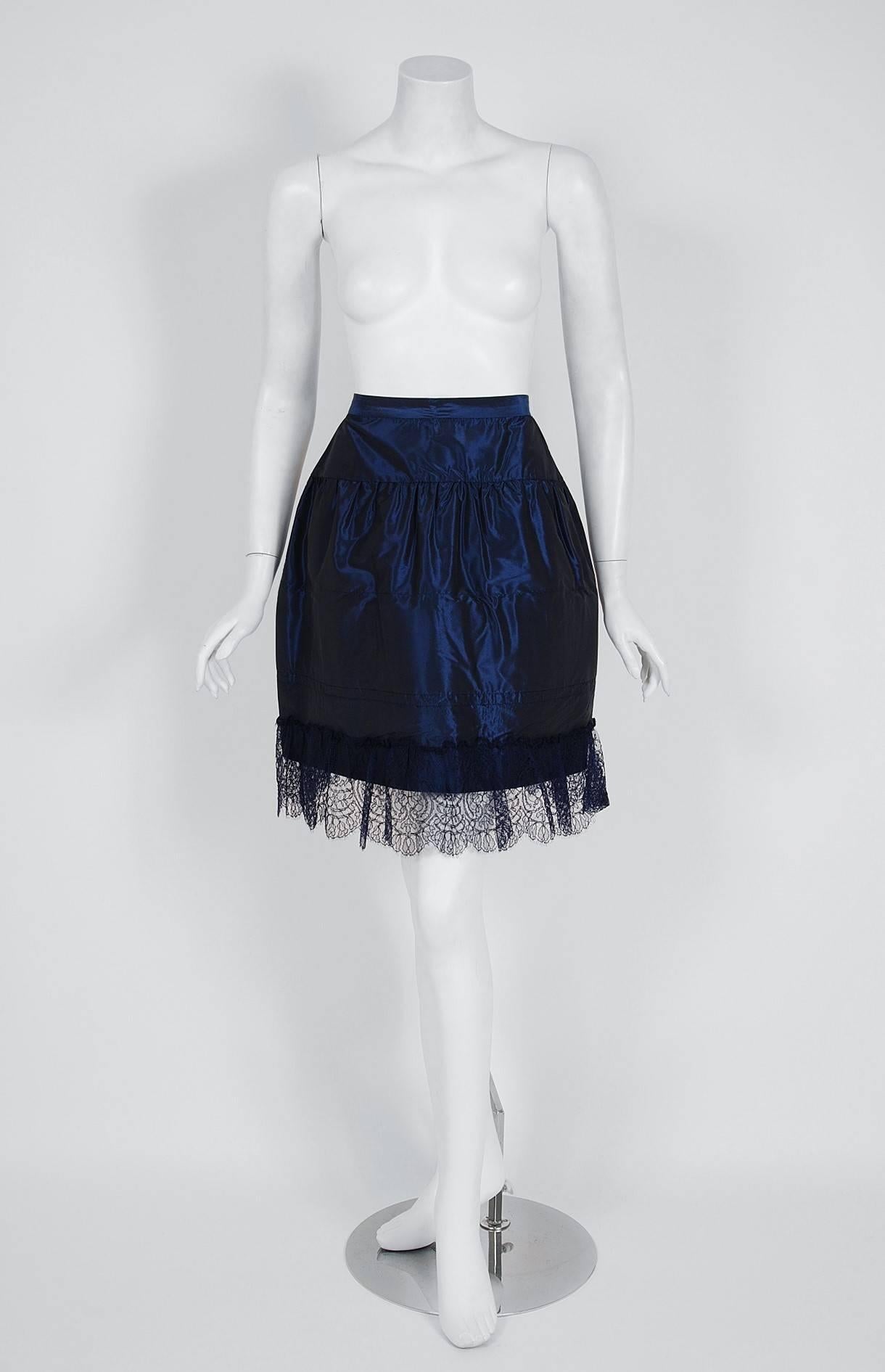 Women's 1987 Chanel Runway Navy-Blue Sequin Satin & Chantilly-Lace Cocktail Mini Dress