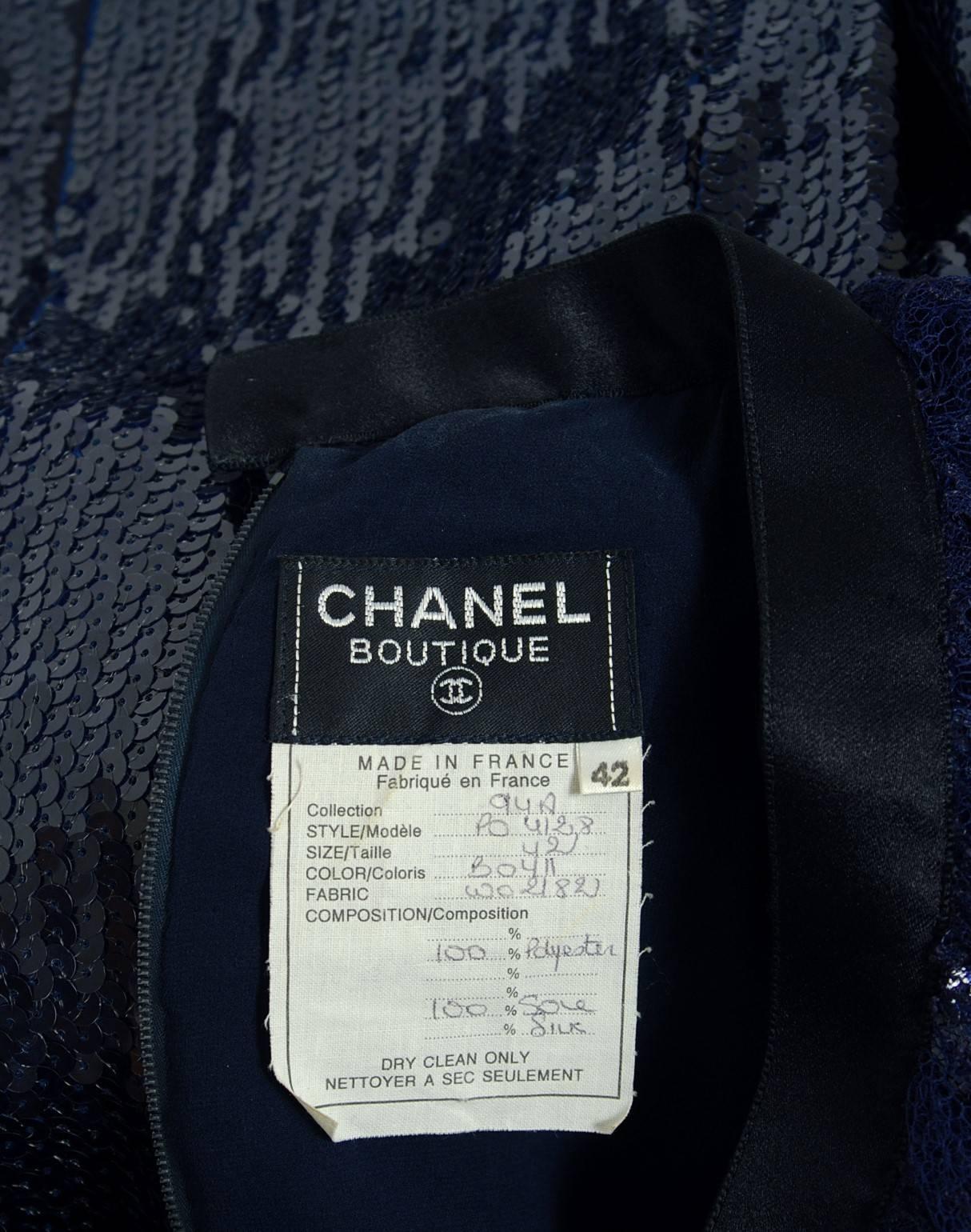 1987 Chanel Runway Navy-Blue Sequin Satin & Chantilly-Lace Cocktail Mini Dress 2