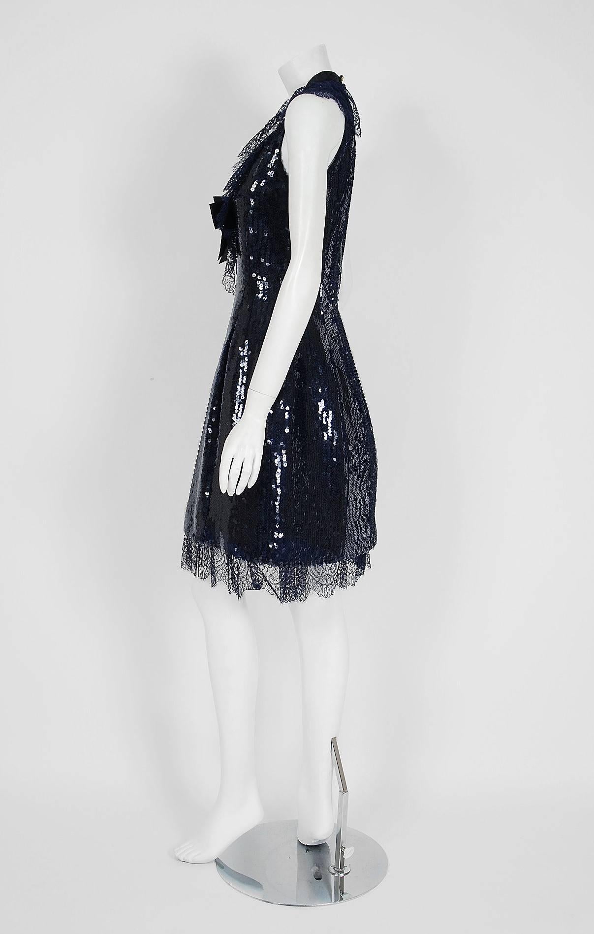1987 Chanel Runway Navy-Blue Sequin Satin & Chantilly-Lace Cocktail Mini Dress In Excellent Condition In Beverly Hills, CA