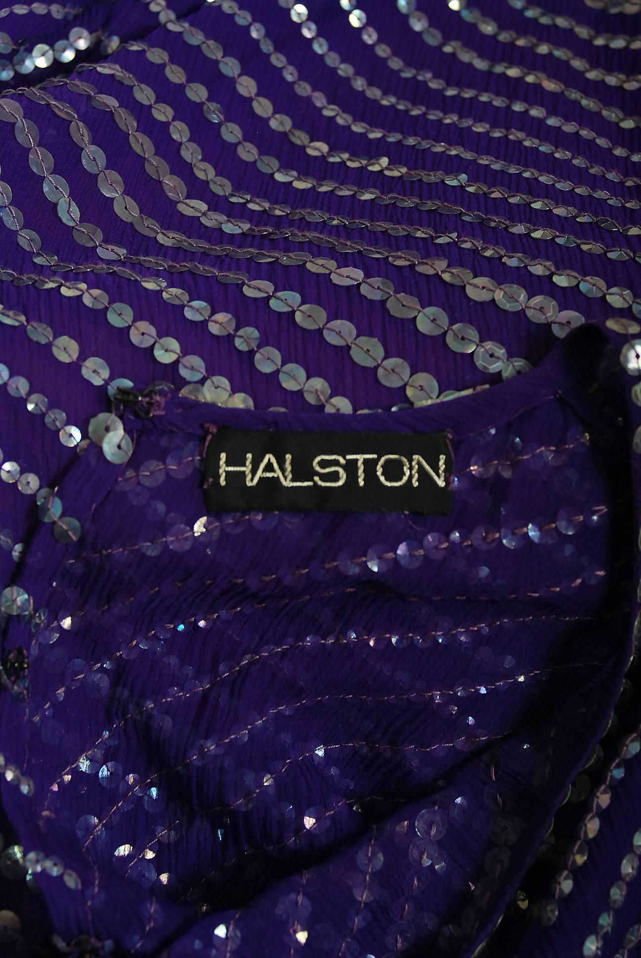1977 Halston Purple Illusion Sequin Silk Chiffon Long-Sleeve Evening Dress Gown In Excellent Condition In Beverly Hills, CA