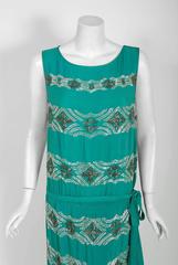 Vintage 1920's French Turquoise Blue Beaded Deco Floral Drop-Waist Flapper Dress