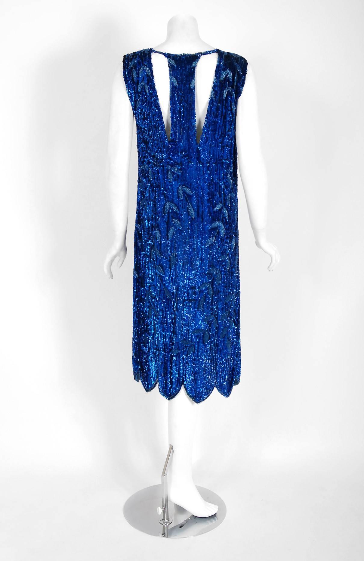 1920's French Sapphire-Blue Sequin Beaded Leaf Novelty Motif Deco Flapper Dress 1