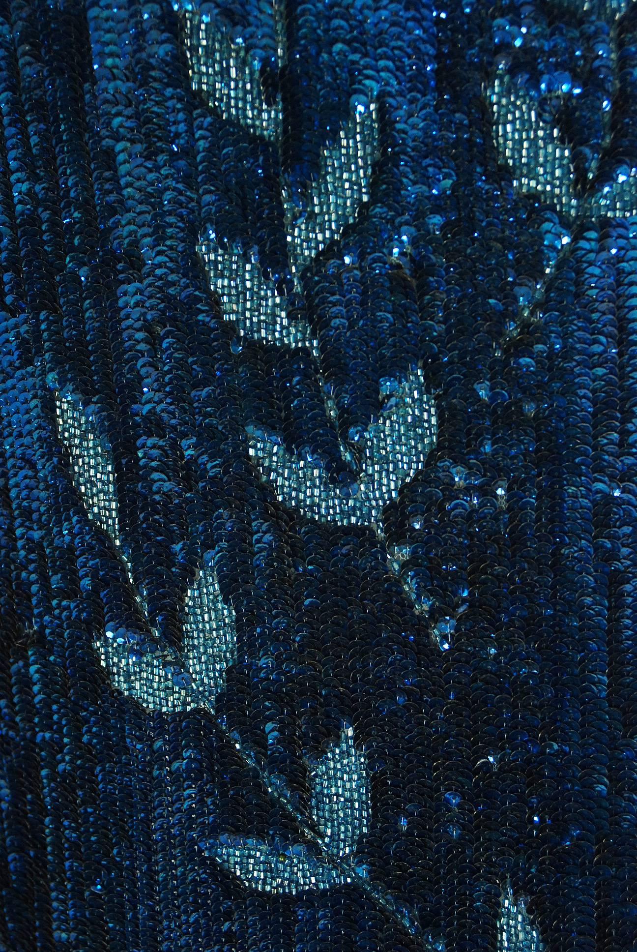 Purple 1920's French Sapphire-Blue Sequin Beaded Leaf Novelty Motif Deco Flapper Dress