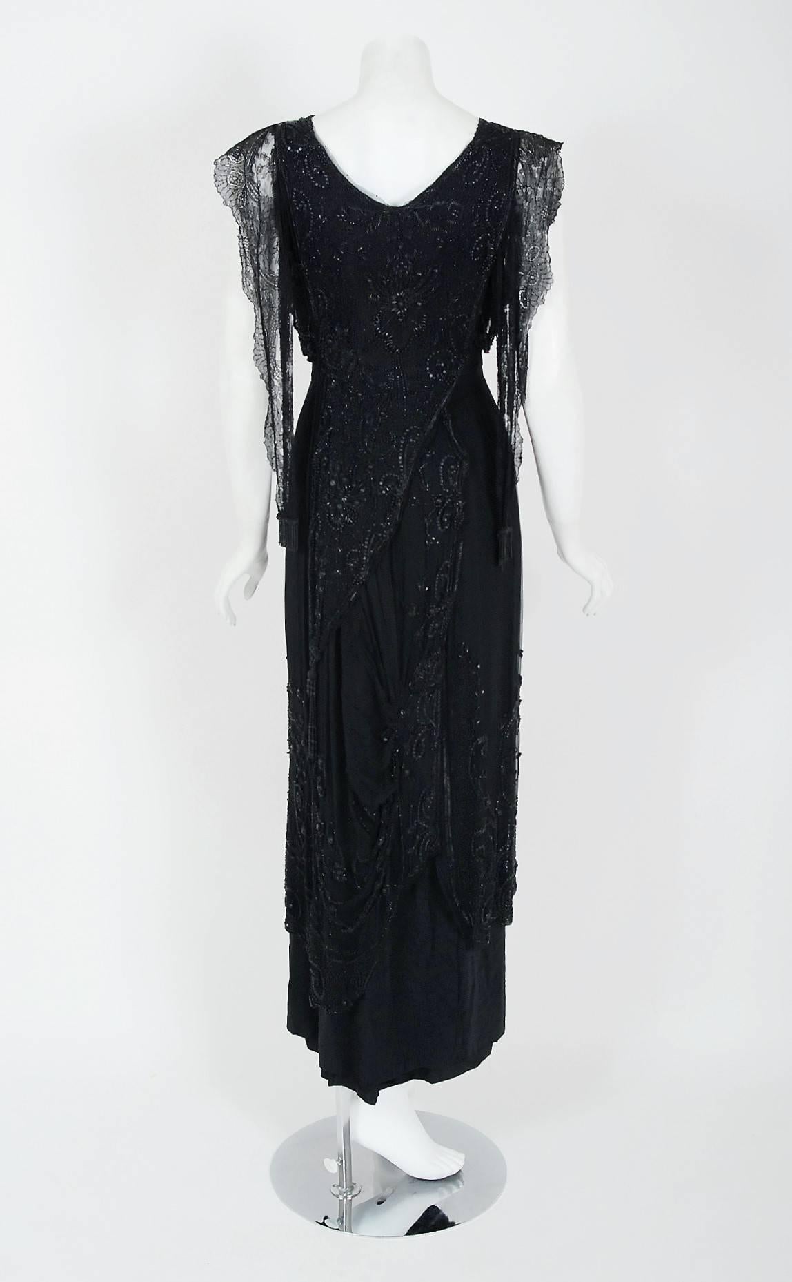 1910's Edwardian Couture Black Beaded Silk and Lace Art-Nouveau Evening ...