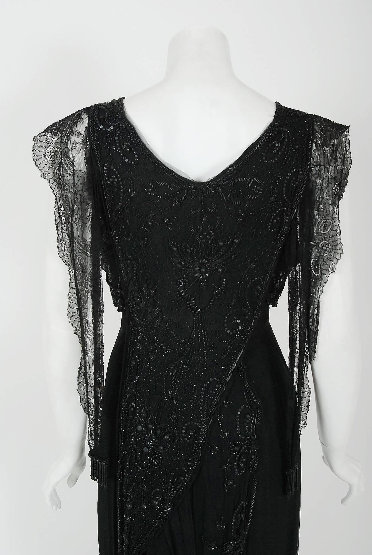 Women's 1910's Edwardian Couture Black Beaded Silk & Lace Art-Nouveau Evening Gown