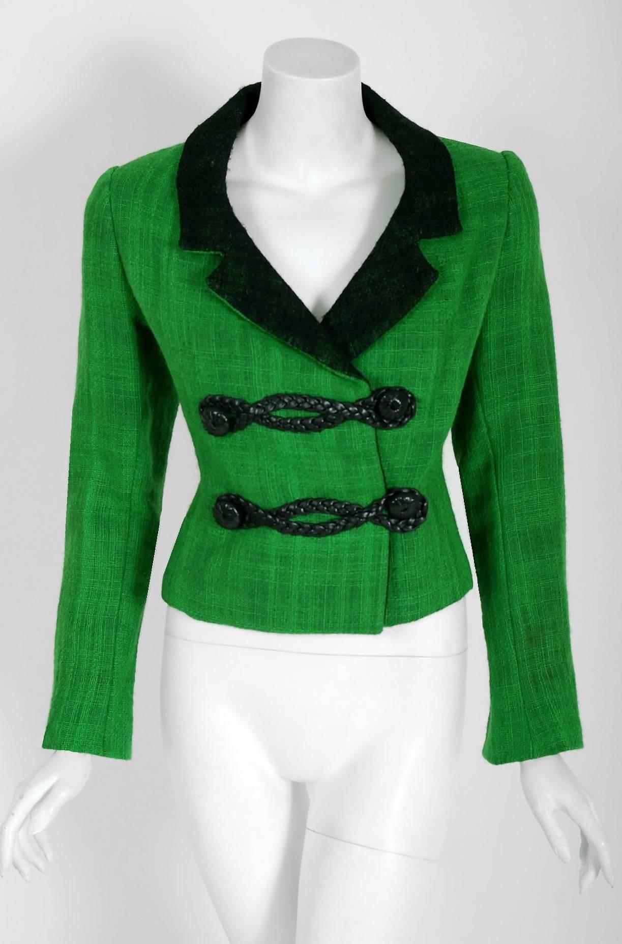1964 Christian Dior Documented Green & Black Wool Leather Toggles Cuffed Jacket In Excellent Condition In Beverly Hills, CA