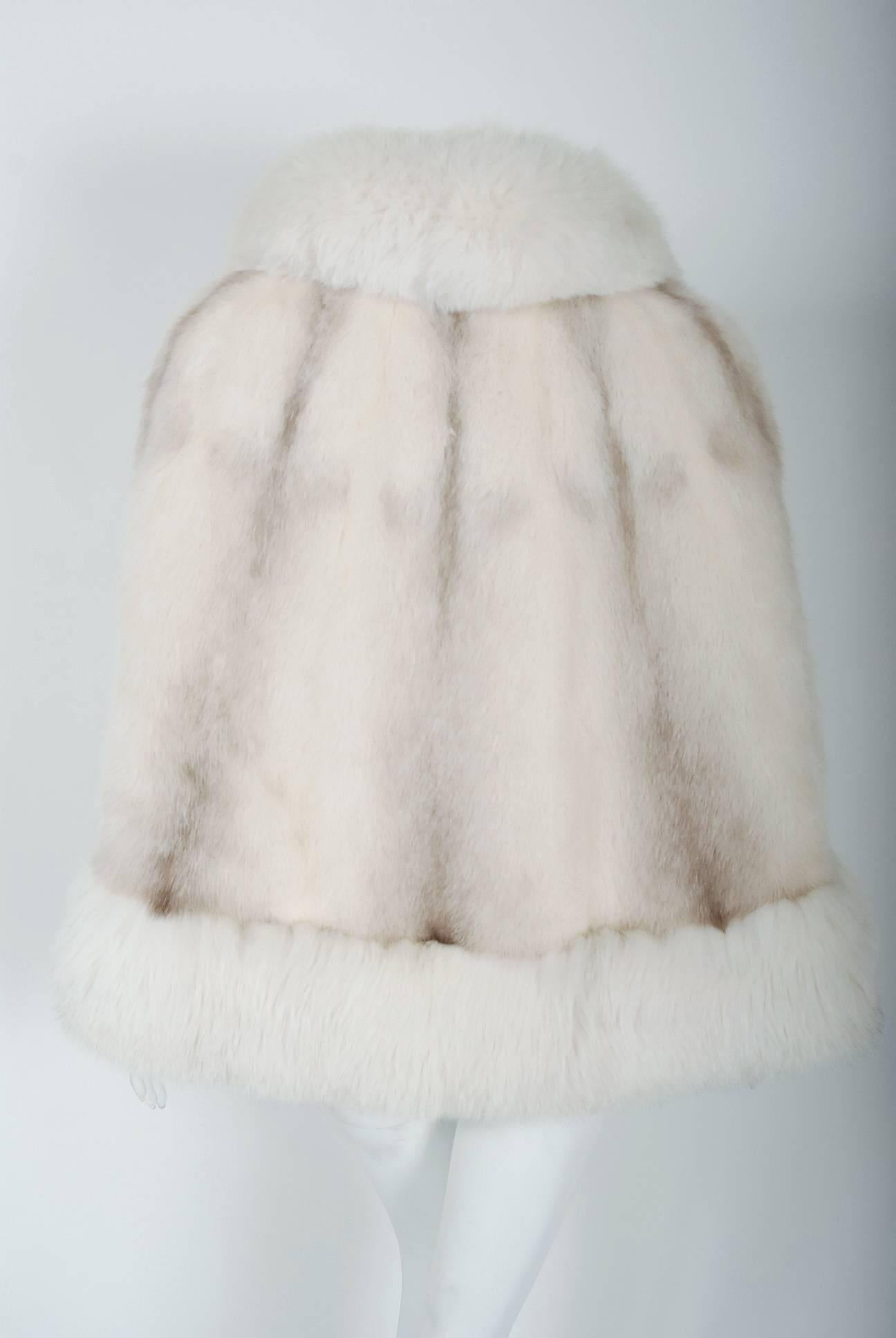 Beige Ivory White Mink and Fox Fur Portrait-Collar Cropped Jacket Poncho Cape, 1960s 