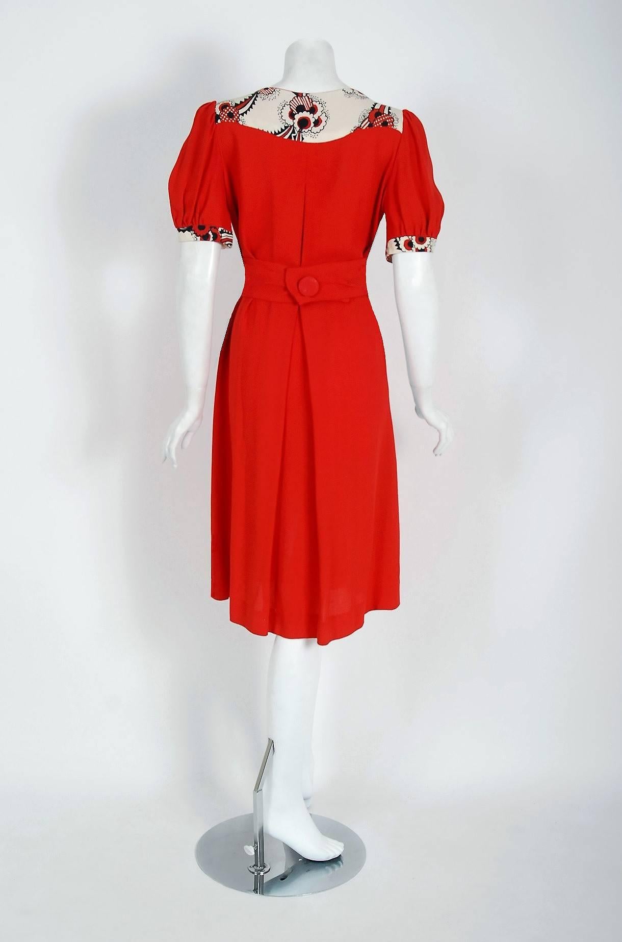 Vintage 1972 Ossie Clark Red Crepe Celia Birtwell Floral Print Puff-Sleeve Dress 1