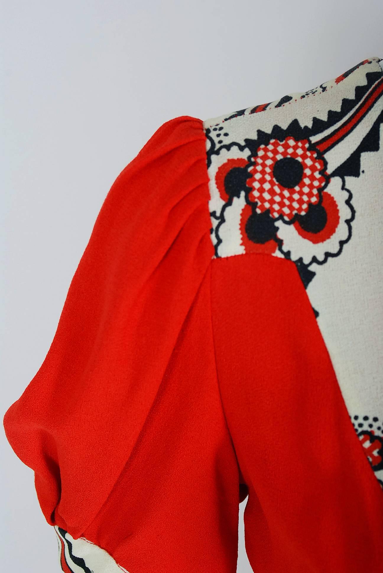 Women's Vintage 1972 Ossie Clark Red Crepe Celia Birtwell Floral Print Puff-Sleeve Dress