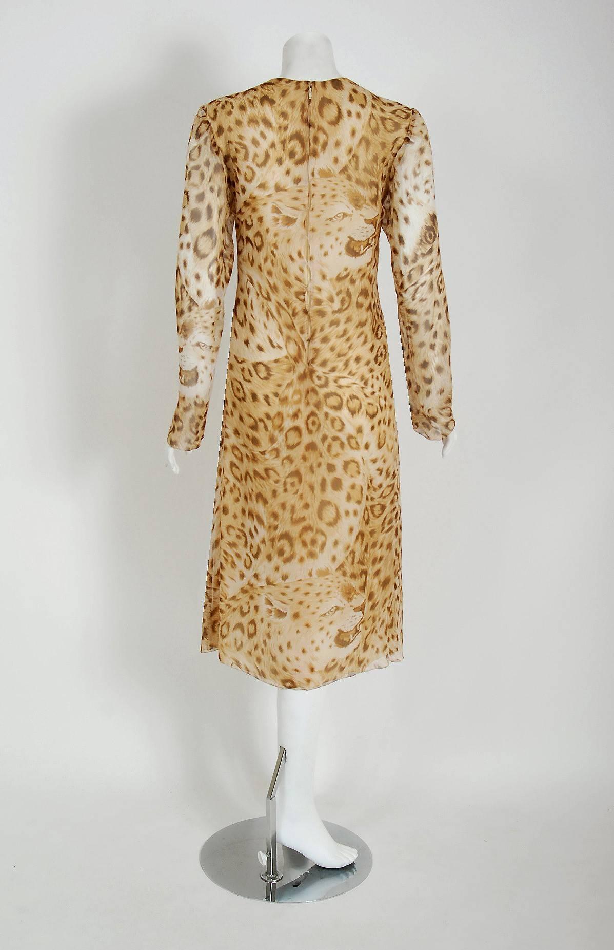 Women's 1977 Hanae Mori Couture Leopard Animal Print Chiffon Rhinestone Plunge Dress