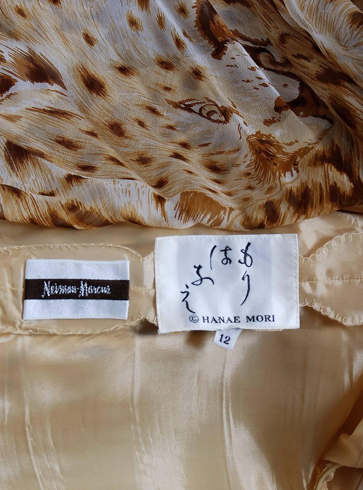 1977 Hanae Mori Couture Leopard Animal Print Chiffon Rhinestone Plunge Dress 1