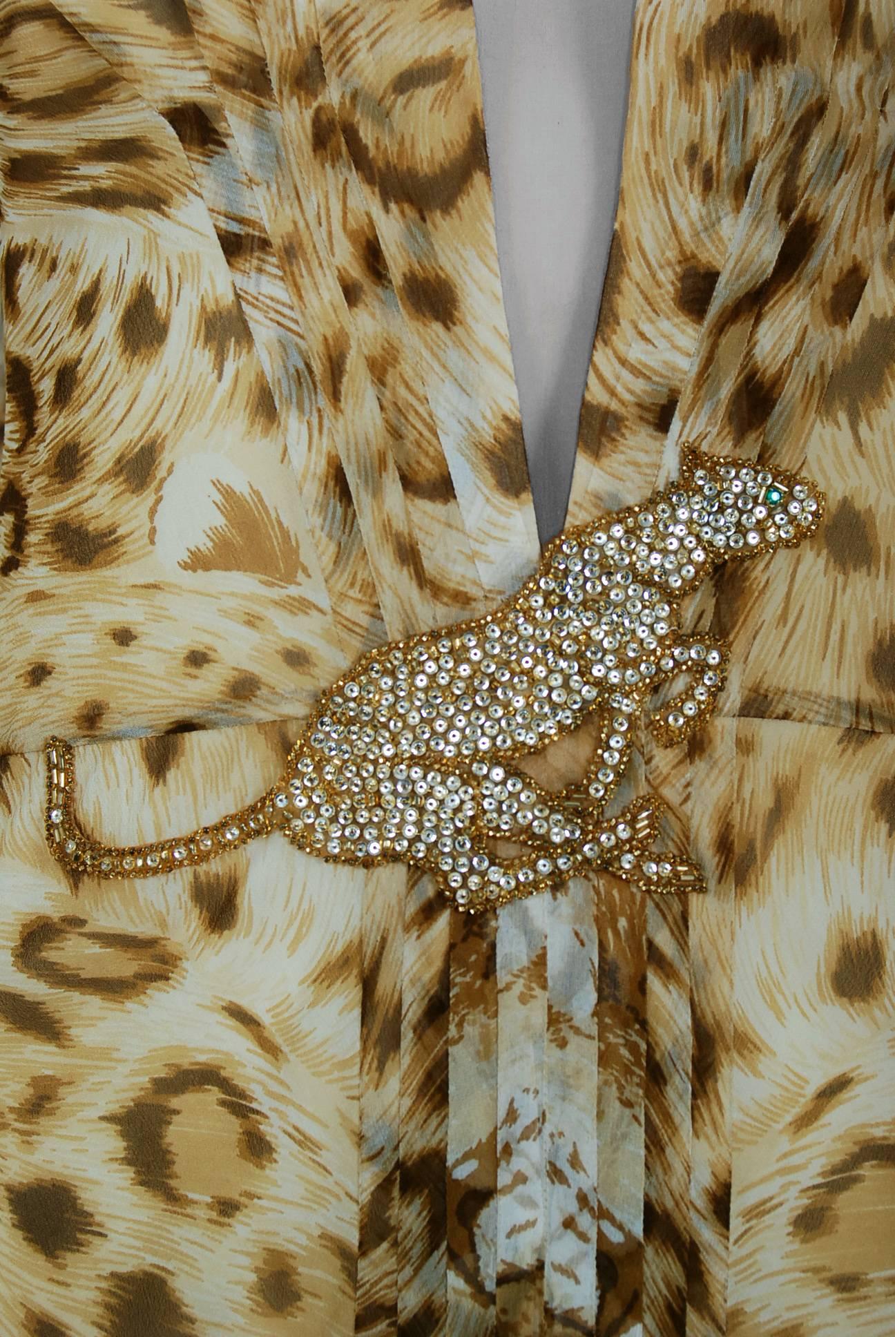 Brown 1977 Hanae Mori Couture Leopard Animal Print Chiffon Rhinestone Plunge Dress