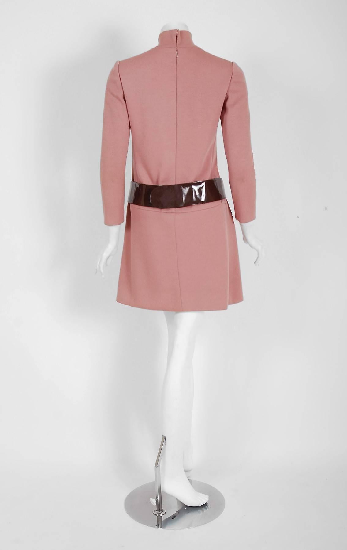 1967 Pierre Cardin Mauve-Pink Wool Mod Pockets Space-Age Metal Belt Mini Dress 1