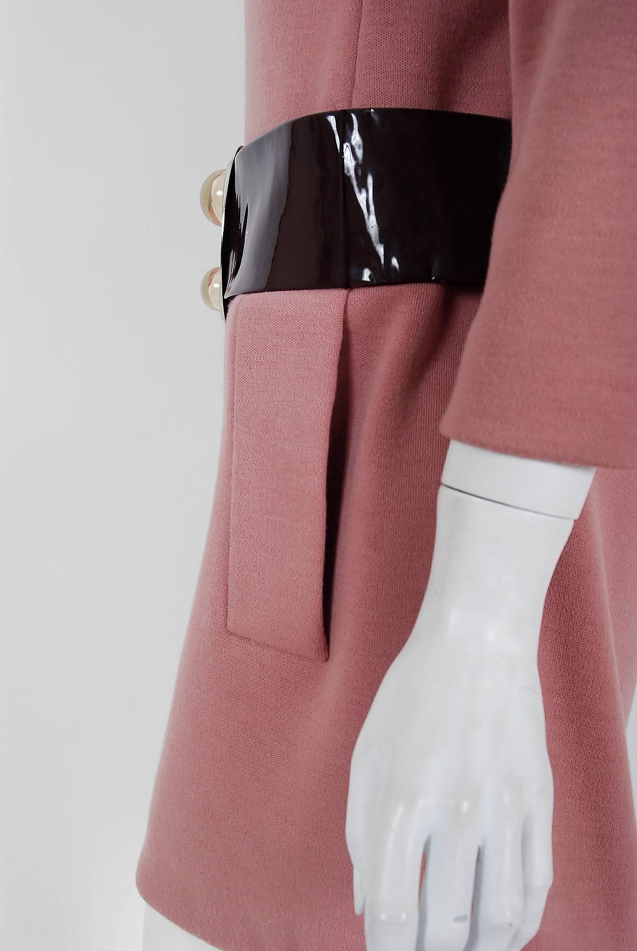 Women's 1967 Pierre Cardin Mauve-Pink Wool Mod Pockets Space-Age Metal Belt Mini Dress