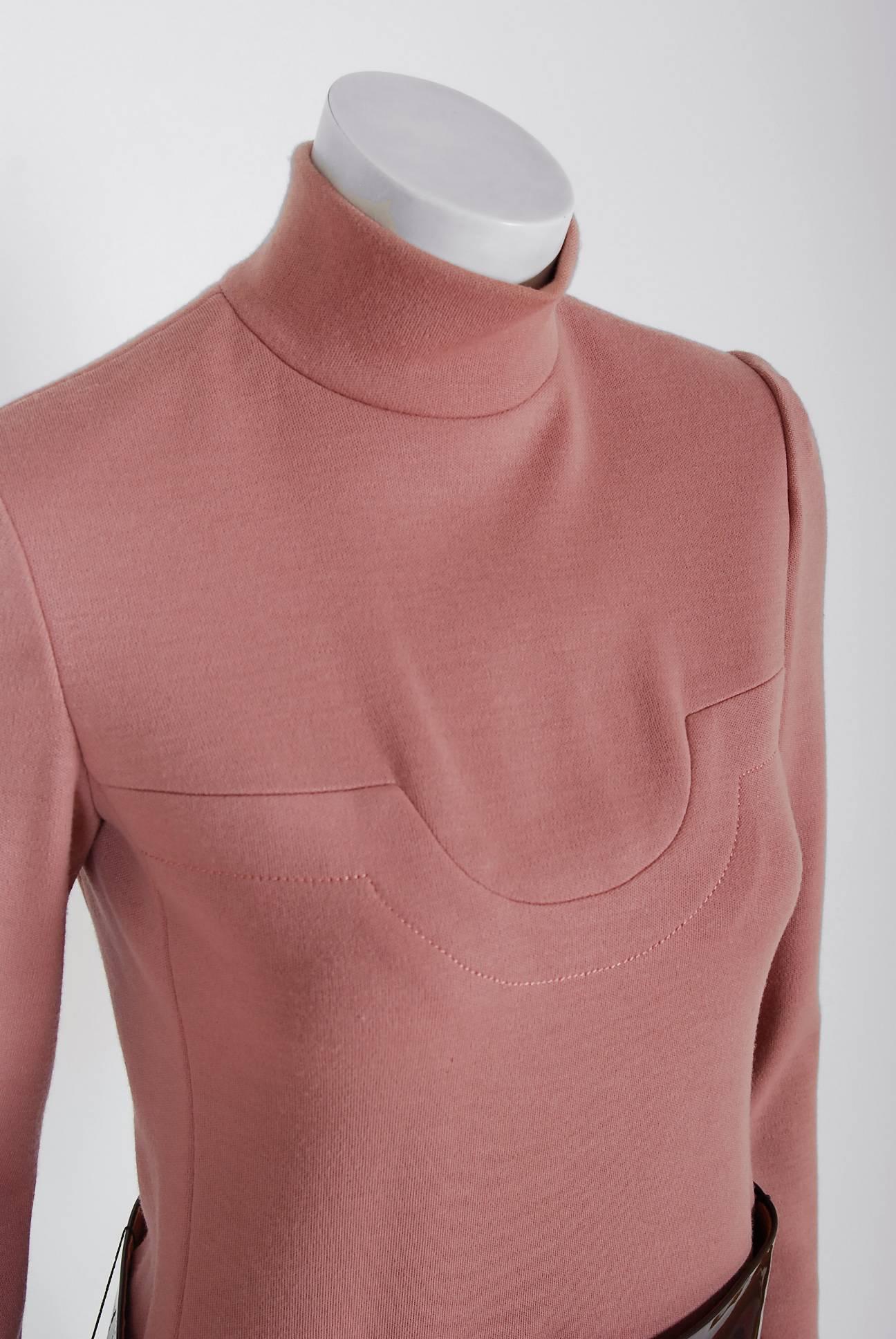 Brown 1967 Pierre Cardin Mauve-Pink Wool Mod Pockets Space-Age Metal Belt Mini Dress